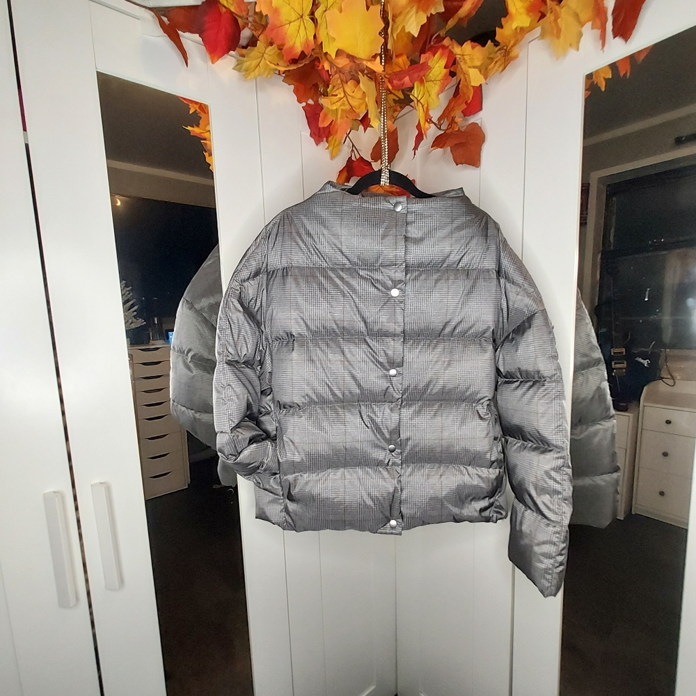 Theory High Neck Puffer Womens Jacket L Large Grey Glen Plaid Down Coat $455